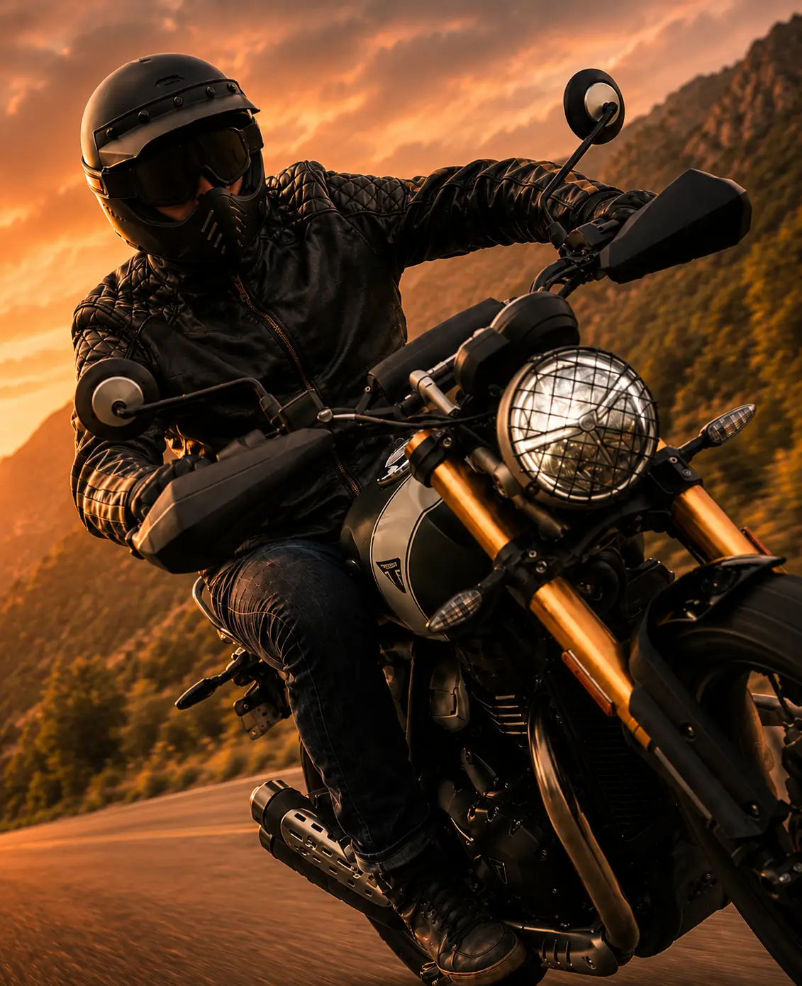Tom Triumph junto a uma motocicleta